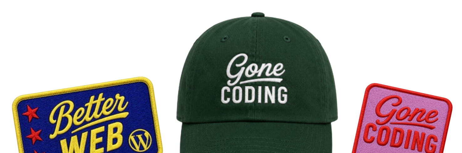 Green "Gone Coding" hat between "Better Web" and "Gone Coding" patches